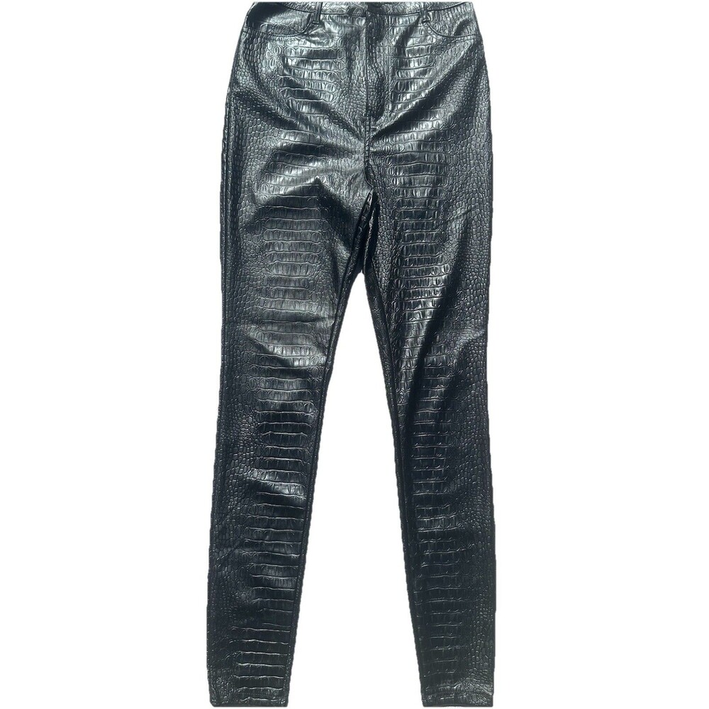 Missguided Black Croc Embossed Faux Leather Skinny Pants Zip Button Pockets 0